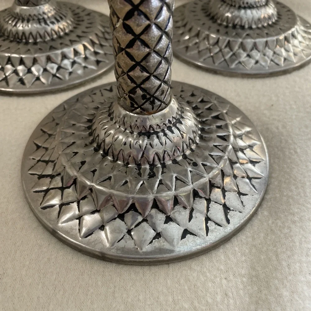 Vintage Set 3 Metal Palm Tree Taper Candle Holders Silver Blackwash Felt Bottom